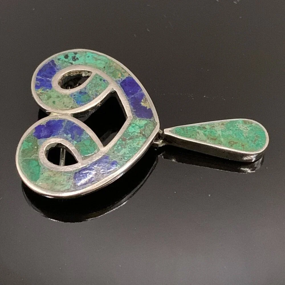 TAXCO Los Castillo Mexico Eagle 15 Heart Sterling Brooch Malachite Chrysocolla